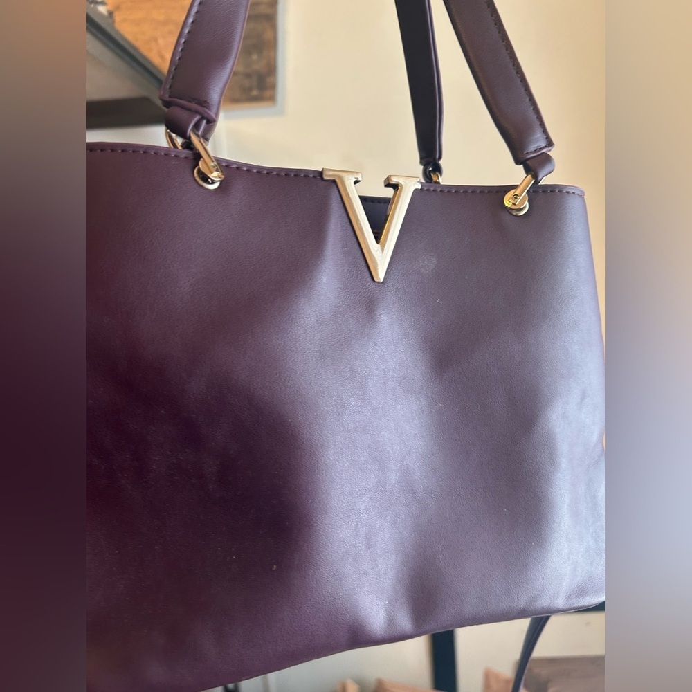 Burgundy Structured Satchel Bag Gold V Top Handle Crossbody Purse - Picture 8 of 12